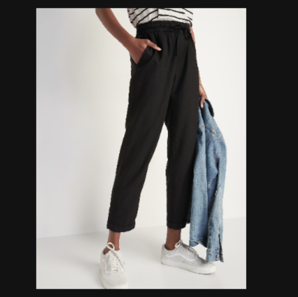 High-Waisted Linen-Blend Straight Cropped Pants